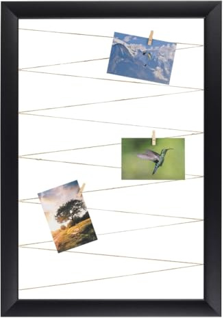 CLAMARO Neo Collage Bilderrahmen mit Fotoleine, 40x60 cm, Schwarz Matt | 20 Holzklammern, Jutekordel, MDF-Rahmen 38 mm breit, Metall-Wandhalterung, ideal als Fotocollage oder Galeriewand
