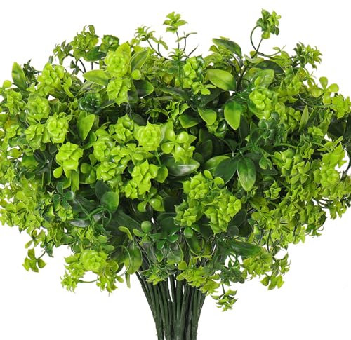 RECUTMS Artificial Flowers for Outdoors 8Pcs Fake Plants with Plastic Flower Faux UV Resistant Shrubs Greenery Realistic Boxwood Bushes for Outdoor Planters Porch Yard Home Spring Summer Decor (Green)