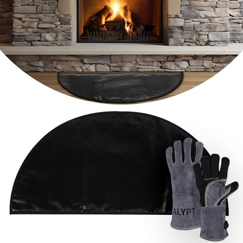 Alypt Fireproof Fireplace Hearth Mat 32x16 Plus Gloves - Extra Thick 6.49mm, Fire Retardant Rugs for Fireplace, Stove, Patio, Kitchen, Fire Pit - Non-Slip Silicone Pad - Protects Against Embers