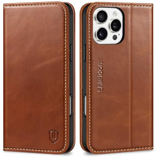 SHIELDON Hülle für iPhone 16 Pro Max, Handyhülle TPU [Echtleder] [Kartenfach] [Stand] [RFID Blocker] Stoßfest Magnet Schutzhülle Lederhülle Kompatibel mit iPhone 16 Pro Max 6,9-Retro Braun