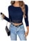 GORGLITTER Women's Lace Rib Knit Crop Tops Long Sleeve Lace Hem Crew Neck Skinny Cropped T Shirt Top Royal Blue S