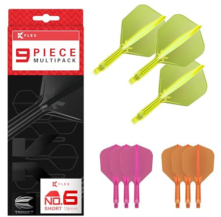 Target Darts K-Flex Integrated Dart Flights and Shafts, Kurzer Stiel (19 mm), Nr. 6-Flug, 9er-Pack, Neonpink, Orange & Gelb