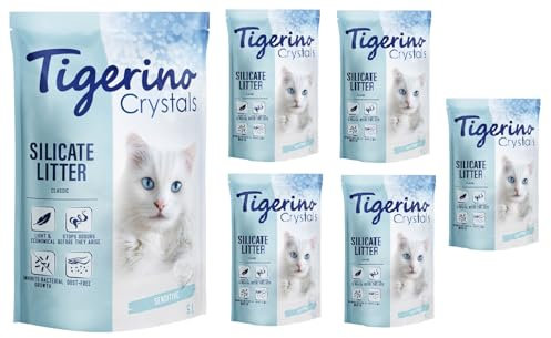 Tigerino Crystals Katzenstreu Super Pack 30L | Silikatstreu | staubfrei | extrem absorbierfähig und ergiebig | stoppt Gerüche | hemmt Bakterienwachstum | 6 x 5 Liter (Classic Sensitive - parfümfrei)
