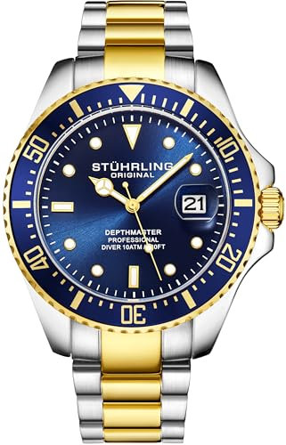 Stuhrling Original Herren Taucheruhr 42mm Edelstahl Blaues Zifferblatt, Edelstahl Armband, Wasserdicht bis 100 Meter