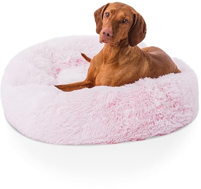 Woof & Whiskers Donut Dog Bed Pink Large 80cm – Calming Round Plush Pet Bed for Dogs & Cats | Anti-Anxiety, Soft & Comfortable, Non-Slip Base, Machine Washable (Pink, 80cm)