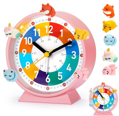 PIXESTT Wecker Kinder, Kinderwecker für Schulanfänge, Kein Tickendes Geräusch, Mit Nachtlicht und Schlummerfunktion, Mit 5 Wecker-Dekoration, Geeignet für Das Lernen, Schlaf-Weck-Aufwachen A
