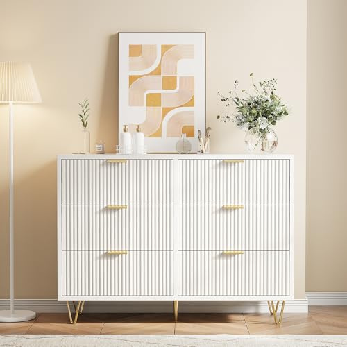 Weiß Modern Sideboard 6 Schubladen Kommode Kommode Schlafzimmer mit 5 Beinen und Griffen Kommode Schrank mit gestreiften Paneelen Wohnzimmer Sideboard für Wohnzimmer, Flur, Eingangsbereich