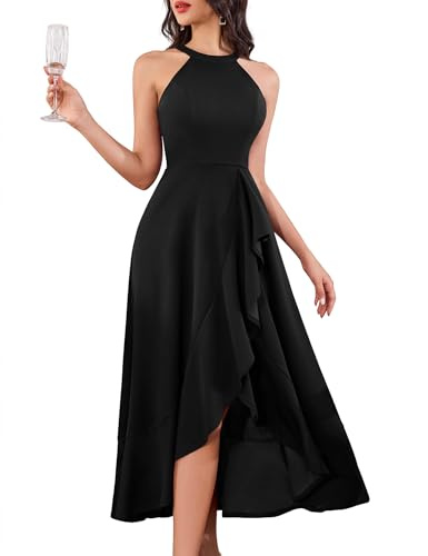 dressystar Lange Kleider A Linie Hochzeitskleid Lang Rüschen Abendkleid Damen für Festlich Lang Brautjungfernkleider Ballkleider Damen Auplm08 Black M