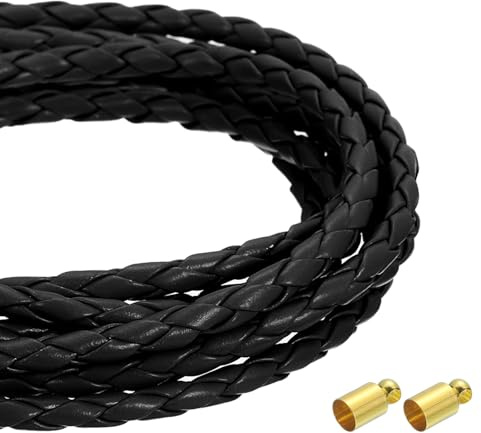 QUARKZMAN 4mm 2,19 Yards Cords en Cuir Tressé Cordon Véritable Rond Noir