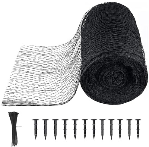 CRMCC Rete per laghetto, 6 m x 12 m, resistente, 1,2 cm, rete da giardino in polietilene nero, con 12 picchetti | Protegge stagni da foglie, uccelli e detriti