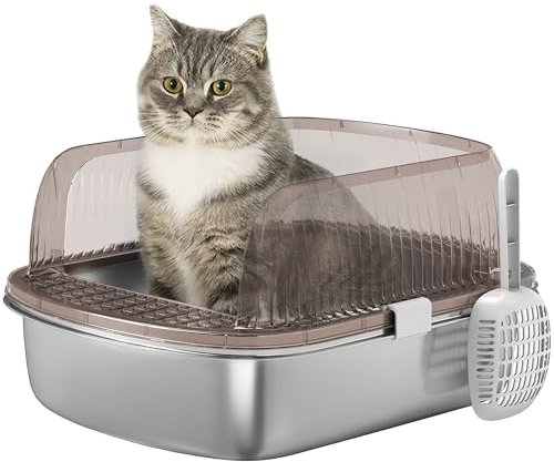 PawHut Arenero para Gatos Cubierto Extragrande Caja de Arena Cerrado con Bandeja de Acero Inoxidable Bordes Altos Pala y Zona para Caída de Arena sin Olor Fácil Limpieza para Gatos Grandes Gris