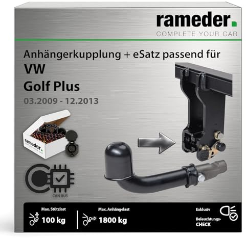 Anhängerkupplung abnehmbar Auto Hak passend für VW Golf Plus Typ 5M1/521 Baujahr: 2009-2013 inkl. 13 poligem spezifischen CAN-Bus Elektrosatz | rameder. Komplettsatz - SEMIAUTOMATIC