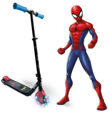 Zinc Marvel Spiderman Electric Scooter Kids Ages 6+ - Light Up Wheels | Officially Licensed, Escooter with 4.9mph Speed, 60W Motor & 40min Ride Time, Red & Blue Electric Kick Scooter