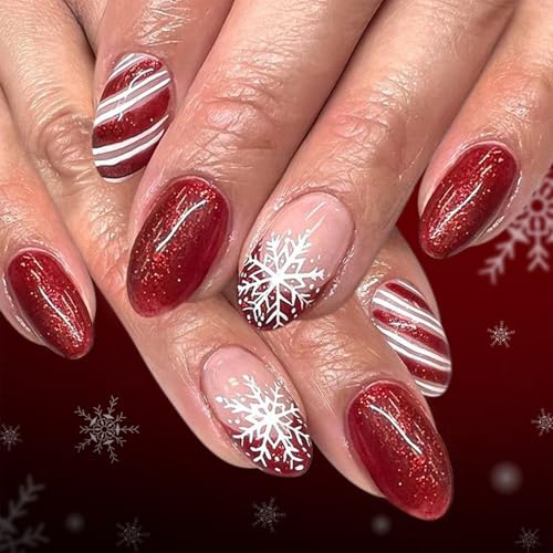 Nymora Press On Ongles Paillettes Noël - 24 Ongles Faux Rouges à Écussons Flocons de Neige, Kit Jelly Gel - Ongles Artificiels Femmes Filles