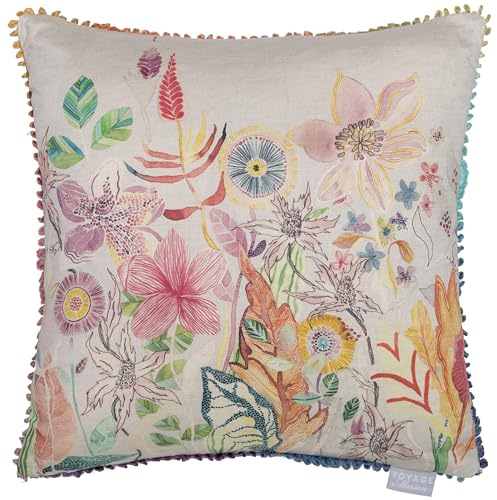 Voyage Maison Primrose Feather Filled Cushion – Loop Edge Trim Floral Countryside Decorative Pillow (Linen - 50x50cm)