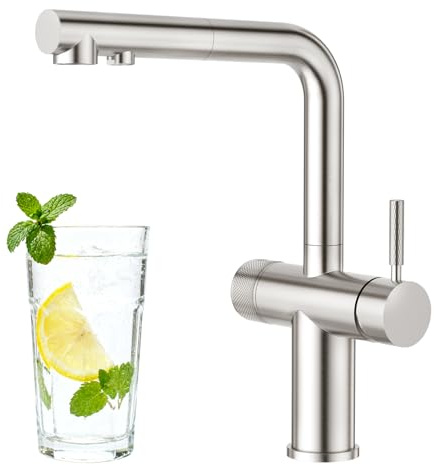 Faustina 3 Way Kitchen Sink Tap with Pull Out Sprayer, Doubble Lever Mixer Tap for Drinking Water for Reverse Osmosis and Water Filter Systems, Brushed
