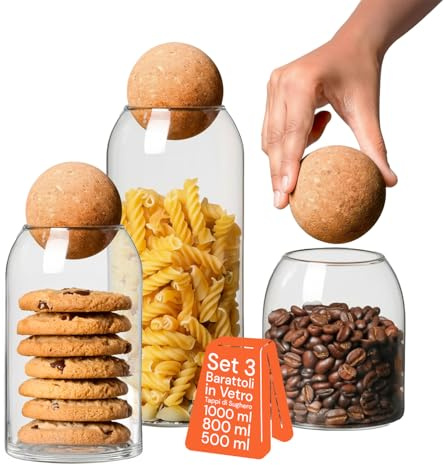Avilia - Set 3 Barattoli in Vetro con Coperchio in Sughero Ermetico - Contenitori Multiuso 500ml, 800ml, 1000ml - Ideali per Pasta, Caffè, Legumi e Spezie - Moderno per Cucina e Dispensa, Casa