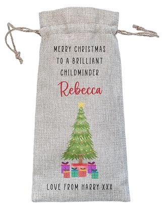 Personalised Burlap Bottle Gift Bag | Christmas Childminder or Babysitter Wine Bag Gift | Custom Printed with Name Profession and From Message