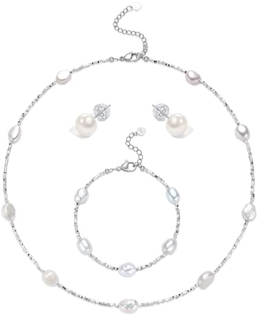 YAMI Barockperlenkette Set mit Bruchsilber Elementen (Halskette+Armband +Ohrringe), 8-9mm Salzwasserperlenkette, Perlenohrringe Silber 925, Perlenschmuck Set Damenschmuck für Jeden Anlass