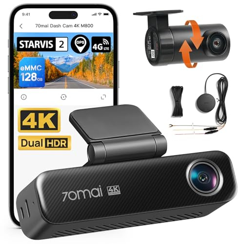 【70mai M800 Dashcam + UP04】 70mai M800 4K Dashcam Auto Vorne und Hinten, STARVIS 2 IMX678 Super Nachtsicht & F1.7-Blende, Dual HDR, integrierter 128 GB eMMC, Parküberwachung, 5 GHz WLAN, GPS