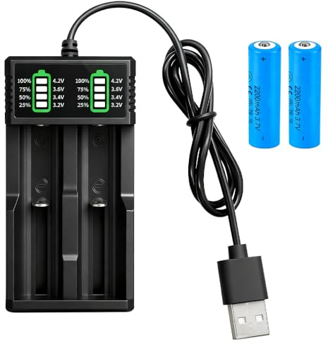 Battery Charger Set with 2 Pack 3.7V 2200mAh Battery Button Top Li-ion, 2-Bay 3.7V, Li-ion Rechargeable Batteries for 18500 21700 26650 14500 16340 10440 18650 (2 Pack)