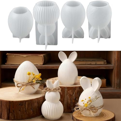 4 Stück Silikonformen Gießformen Ostern, Eier 3D-Osterhase Silikonform Ostern Kerzen, Silikonform Osterhase Kerzen, Silikon Ostern Kaninchen Osterei, für Frühling Ostern Dekorationen Gips