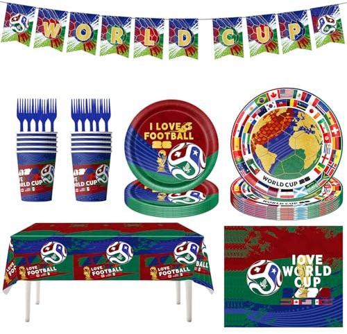Aribliseza WM 2026 Juego de Vajilla para Fiesta de Fútbol, 7 Piezas, Platos, Vasos, Servilletas, Mantel, Banderas, Decoración de Cumpleaños