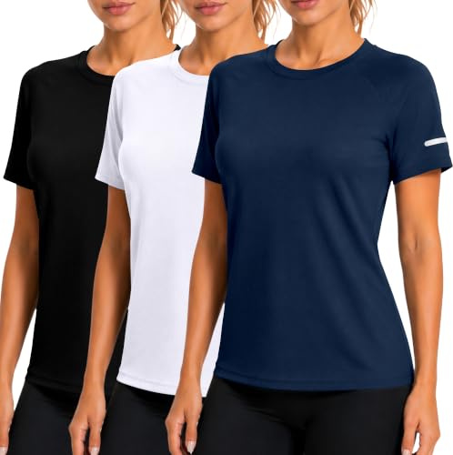 Women's Workout Running T-Shirts, Dry Fit Short Sleeve Shirts, Moisture Wicking Athletic Tee, Sports Gym Yoga Tops Black/White/Navy 3P10-S