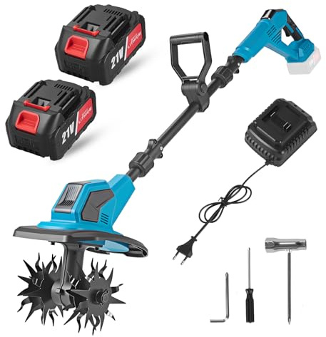 Fresa eléctrica inalámbrica de 360 rpm, con batería de 21 V, funciona con 2 baterías de 4,0 Ah, profundidad de trabajo de 17 cm y 23 cm de ancho de trabajo, mango ajustable para césped, jardín y