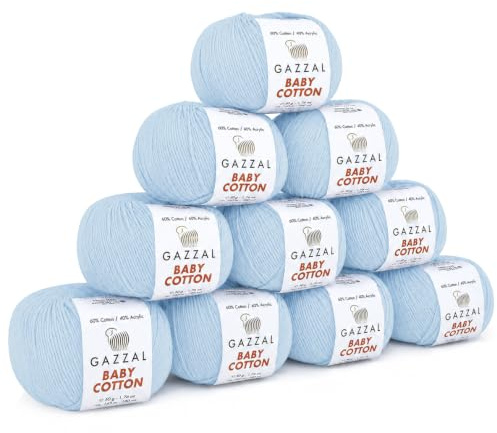 Gazzal Baby Cotton - 60% Baumwolle-10 Knäuel je 50 g/165 m - dünne Wolle zum Häkeln und Stricken - Strickgarn - Häkelgarn - Pflegeleicht und Hautfreundlich - Nadelstärke 3-4 (HELLBLAU)