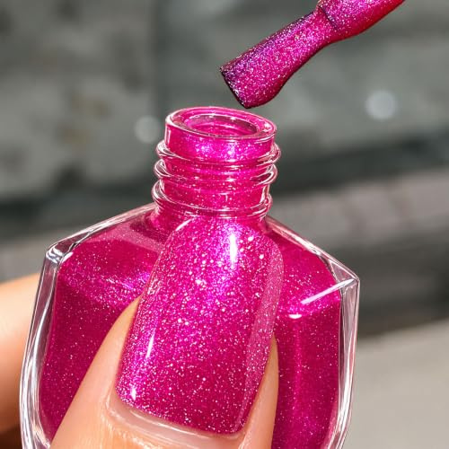 Quick Dry Nail Polish, Hot Pink Glitter Nail Varnish, Long Lasting Nail Varnish with Shimmer & Glitter Finish, Smooth Glossy Nail Polish, Easy Apply, No UV Lamp Needed for Women DIY Nail Art