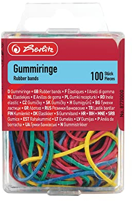 Herlitz Anillo de goma 20 – 70 mm de diámetro, de 100 unidades en caja colgante, varios colores