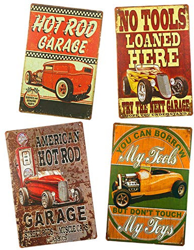 Hot Rod My Tools My Toys Vintage Rustikale Heimdekoration, 4 Stück Vintage Metallschilder (D)