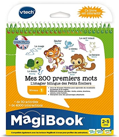 VTech - MagiBook, Livre Éducatif Enfant Niveau 1 Mes 200 Premiers Mots, Imagier Bilingue, Pages Illustrées et Interactives, Cadeau Fille et Garçon de 2 Ans à 5 Ans - Contenu en Français et Anglais