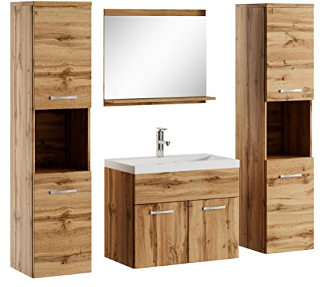 Badplaats B.V. Badezimmer Badmöbel Set Montreal XL 60cm Waschbecken Eiche - Unterschrank Hochschrank Waschtisch Möbel