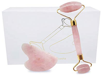 Jade Roller Gesicht Rosenquarz Gua Sha Set Gesicht Massagesteine Anti Aging Beauty Facial Therapie Natürliche Gesichtsmassageger, Rosa