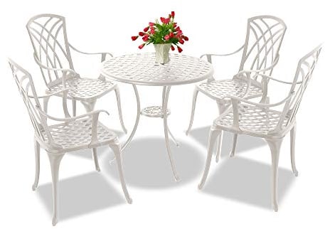 Centurion Supports OSHOWA Luxurious Garden & Patio Table & 4 Large Chairs with Armrests Cast Aluminium Bistro Set - White