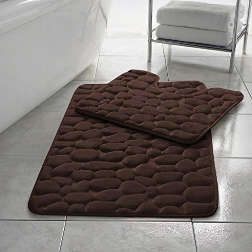 NIGHTZONE Pebble Stone Bath Mat Set Non Slip Pedestal Set Extra Absorbent 100% Memory Foam Bathroom Toilet Rug Set (Chocolate)