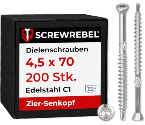 Dielenschrauben Edelstahl 4,5 x 70 mm, 200 Stück, TX20, kleiner Kopf, Teilgewinde, Bohrspitze, Reibteil