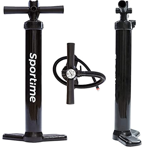 Sportime SUP Pumpe | Double Action Doppelhubpumpe für SUP-Boards, Boote und Kajaks | Integriertes Manometer | Aus robustem PVC mit Alukolben | LxB 63x30 cm | 800 g | Schwarz