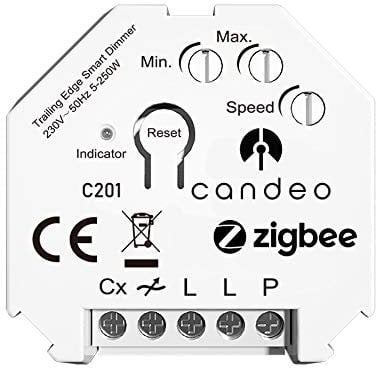 Candeo Modulo Smart Switch Zigbee Dimmer, Compatibile con Philips Hue, Alexa e Tutti Gli hub Zigbee. per lampade LED/alogene dimmerabili. Nessun Filo Neutro richiesto.