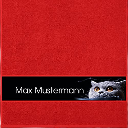 Manutextur Handtuch mit Namen - personalisiert - Motiv Katze 1 - viele Farben & Motive - Dusch-Handtuch - rot - Größe 50x100 cm - persönliches Geschenk mit Wunsch-Motiv und Wunsch-Name