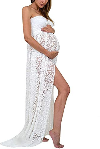 FEOYA Femme Robe Grossesse de Photographie en Dentelle Robes Enceintes Maternité Robe Sexy Longue Jupe en Mousseline de Soie Fente Avant Style 2 Blanc L