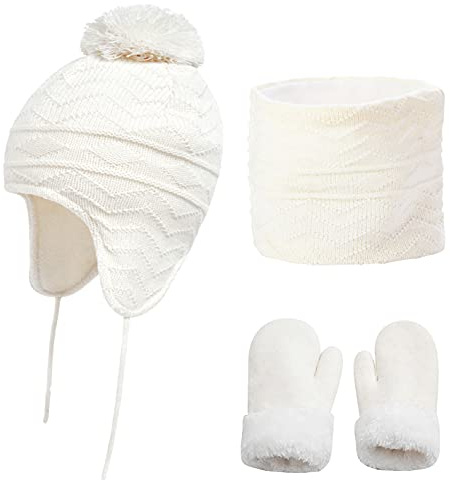 CheChury Enfant Bonnets Oreillette et Écharpes en Tricot Fille Épais Chaud Pompon Chapeaux avec Tour De Cou Bonnet Chaud Sets Gants Hiver Chapeau Garçon 0-5 Ans 3 Pièces