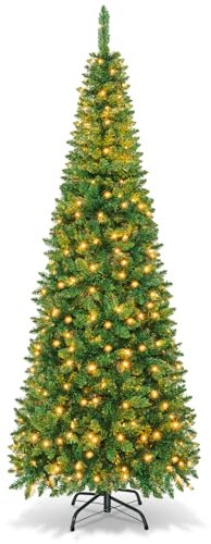 GOPLUS 135/200/225cm Weihnachtsbaum künstlich mit Beleuchtung, LED Tannenbaum künstlich, Weihnachtsbaum schmal mit PVC-Blättern, Christbaum Grün (mit warmweißer Beleuchtung, 225cm)