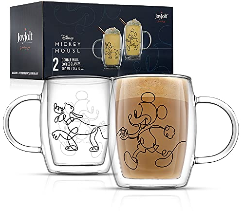 JoyJolt Aroma Disney Mickey und Pluto 383 ml Glasbecher-Set 2 isolierte doppelwandige Glaskaffeetassen, isolierte Kaffeetassenset, große Espressotassen, Disney Tassen und Disney Tassen