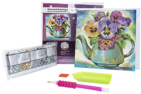 Ideen mit Herz Diamond-Painting-Grußkarte | Strass-Edition | 16 x 16 cm | 370 g/m² | inkl. Steine, Umschlag & Werkzeug (Kanne & Stiefmütterchen)