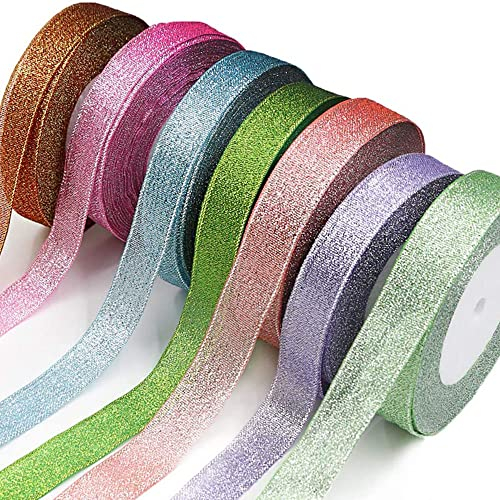 7Rollen Metallic Glitter Dekoband Satinband,Geschenkband Glitter Metallic Metallic Sparkle Stoffband Weihnachten Organza Satinband Schleifenband Organza Bänder,für DIY Verpac(Gemischte Farbe)