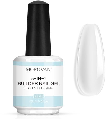 Morovan Clear Builder Gel for Nails - 5-in-1 Brush-On Professional Hard Gel in a Bottle for Quick Building Nail Extension, Strengthen Soak-Off UV LED 15ml