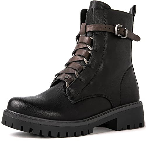 GLOBALWIN Damen Stiefeletten mit Schnallenriemen, seitlicher Reißverschluss, Kampfstiefel, 22yy03 Schwarz, 41 EU